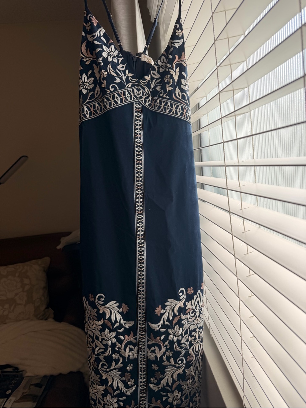 Ramy Brook Navy Maxi Dress with Cream & Light Pink Floral Embroidery